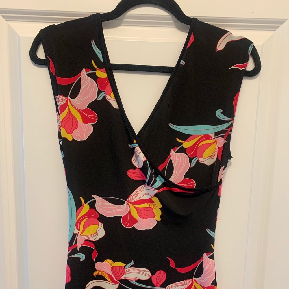 Floral V-Neck Black Sleeveless Dress - Pink & Yellow Print